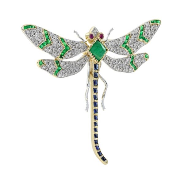 Multi Gemstone Dragonfly Brooch with Emerald Sapphire Ruby and Diamond, emerald body sapphire tail diamond wings and ruby eyes in 18ct yellow gold
