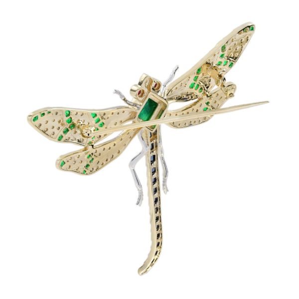 Multi Gemstone Dragonfly Brooch with Emerald Sapphire Ruby and Diamond, emerald body sapphire tail diamond wings and ruby eyes in 18ct yellow gold