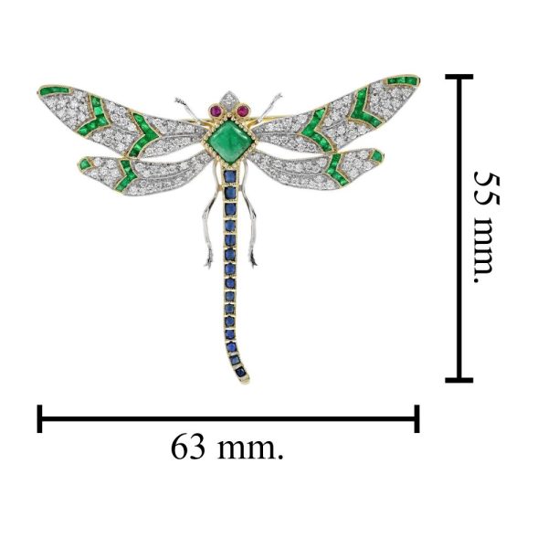 Multi Gemstone Dragonfly Brooch with Emerald Sapphire Ruby and Diamond, emerald body sapphire tail diamond wings and ruby eyes in 18ct yellow gold