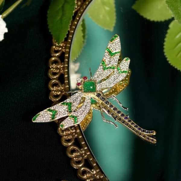 Multi Gemstone Dragonfly Brooch with Emerald Sapphire Ruby and Diamond, emerald body sapphire tail diamond wings and ruby eyes in 18ct yellow gold