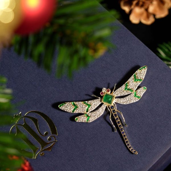 Multi Gemstone Dragonfly Brooch with Emerald Sapphire Ruby and Diamond, emerald body sapphire tail diamond wings and ruby eyes in 18ct yellow gold