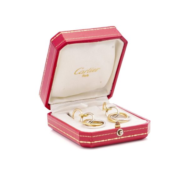 Vintage Cartier Diamond Set 18ct Gold Circle Drop Earrings, tri-colour 18ct rose yellow and white gold rings set with 0.86cts E VVS diamonds with original Cartier red box and certificate
