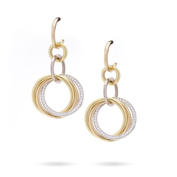 Vintage Cartier Diamond Set 18ct Gold Circle Drop Earrings, tri-colour 18ct rose yellow and white gold rings set with 0.86cts E VVS diamonds with original Cartier red box and certificate