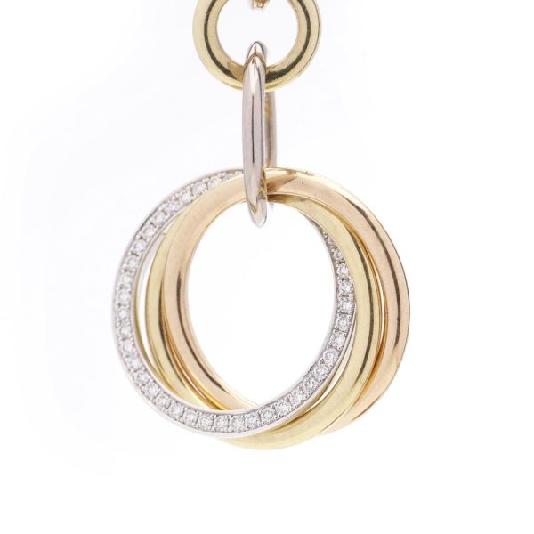 Vintage Cartier Diamond Set 18ct Gold Circle Drop Earrings, tri-colour 18ct rose yellow and white gold rings set with 0.86cts E VVS diamonds with original Cartier red box and certificate
