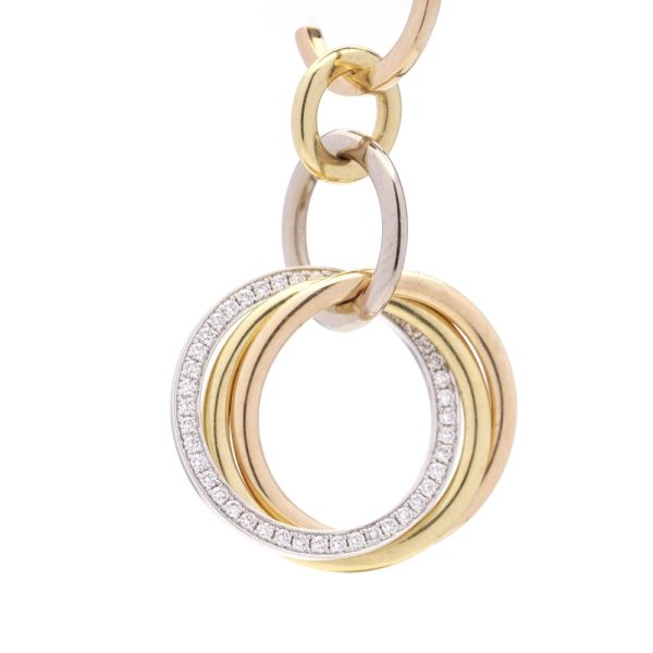 Vintage Cartier Diamond Set 18ct Gold Circle Drop Earrings, tri-colour 18ct rose yellow and white gold rings set with 0.86cts E VVS diamonds with original Cartier red box and certificate