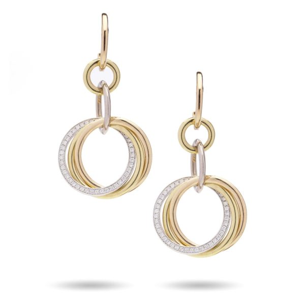 Vintage Cartier Diamond Set 18ct Gold Circle Drop Earrings, tri-colour 18ct rose yellow and white gold rings set with 0.86cts E VVS diamonds with original Cartier red box and certificate
