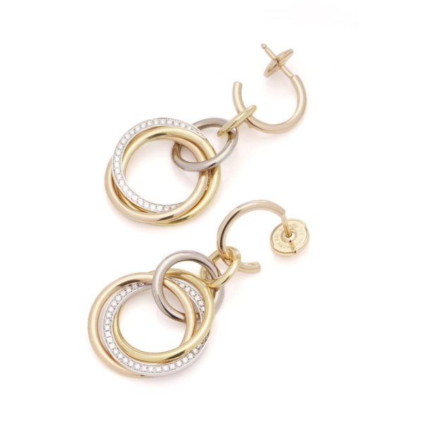 Vintage Cartier Diamond Set 18ct Gold Circle Drop Earrings, tri-colour 18ct rose yellow and white gold rings set with 0.86cts E VVS diamonds with original Cartier red box and certificate