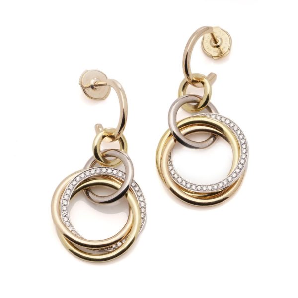 Vintage Cartier Diamond Set 18ct Gold Circle Drop Earrings, tri-colour 18ct rose yellow and white gold rings set with 0.86cts E VVS diamonds with original Cartier red box and certificate