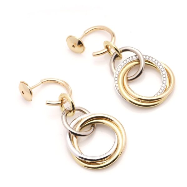 Vintage Cartier Diamond Set 18ct Gold Circle Drop Earrings, tri-colour 18ct rose yellow and white gold rings set with 0.86cts E VVS diamonds with original Cartier red box and certificate