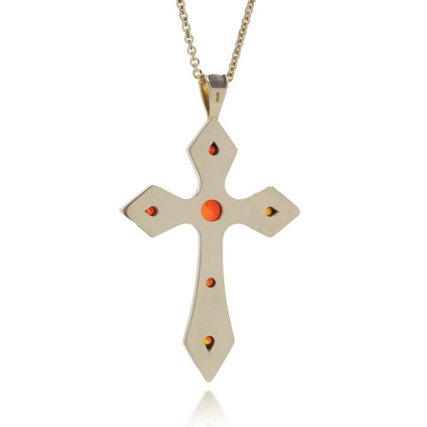 Gold cross pendant featuring vivid fire opals.