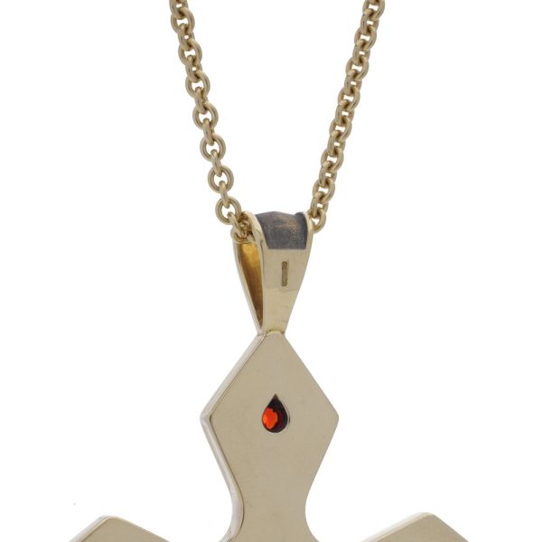 Gold cross pendant featuring vivid fire opals.