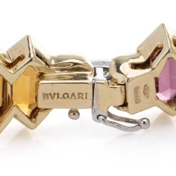 Bulgari 18 carat gold bracelet with multicoloured gemstones and diamonds. 