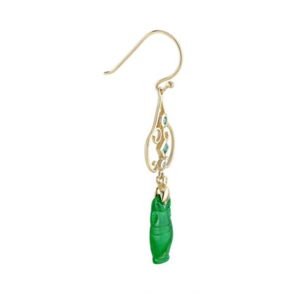 Carved Jade Drop Earrings with Emerald and Diamond, elegant 9ct yellow gold wire Art Nouveau design tops accented with diamonds and emeralds