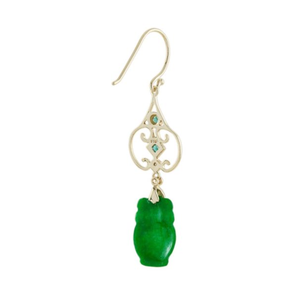 Carved Jade Drop Earrings with Emerald and Diamond, elegant 9ct yellow gold wire Art Nouveau design tops accented with diamonds and emeralds