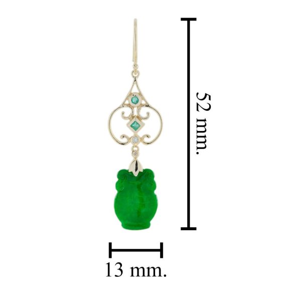 Carved Jade Drop Earrings with Emerald and Diamond, elegant 9ct yellow gold wire tops accented with diamonds and emeralds