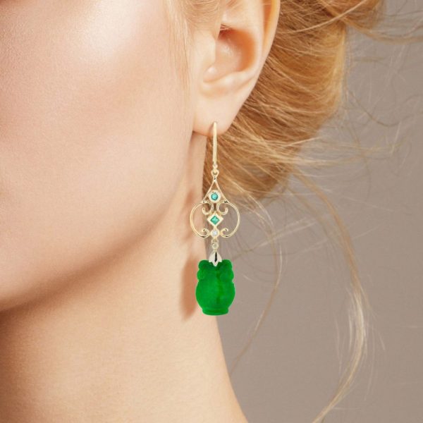 Carved Jade Drop Earrings with Emerald and Diamond, elegant 9ct yellow gold wire tops accented with diamonds and emeralds