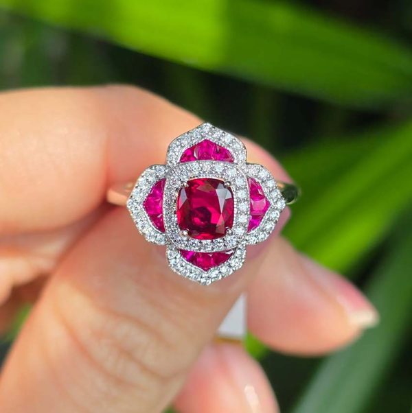 Certified Natural Ruby and Diamond Flower Cluster Engagement Ring
