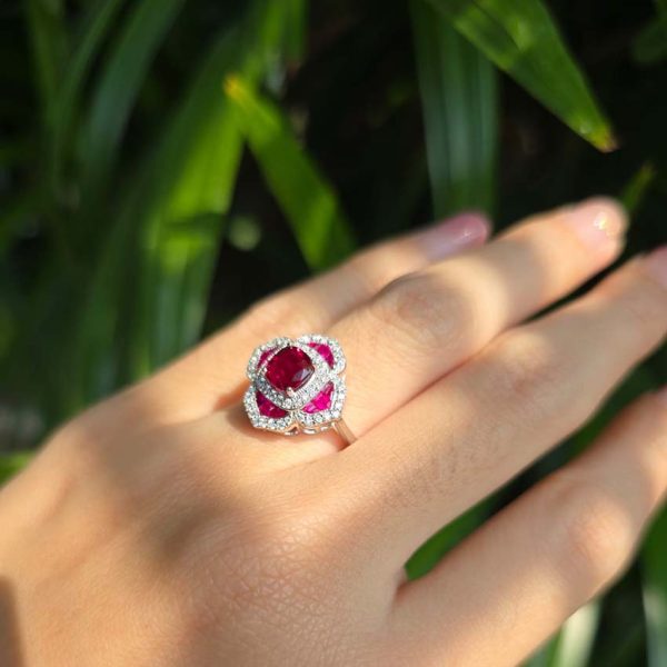 Certified Natural Ruby and Diamond Flower Cluster Engagement Ring