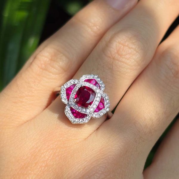 Certified Natural Ruby and Diamond Flower Cluster Engagement Ring