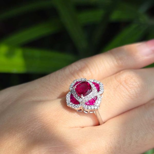 Certified Natural Ruby and Diamond Flower Cluster Engagement Ring