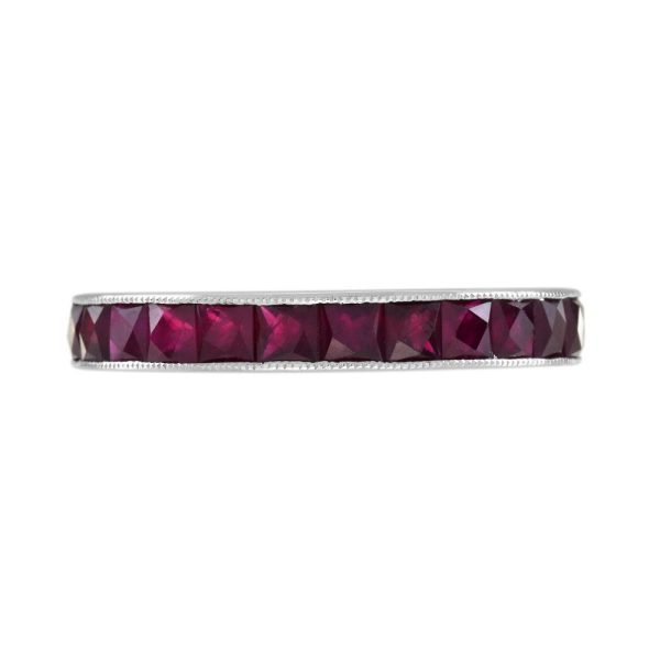 3.90ct French Cut Ruby Full Eternity Band Ring, 18ct white gold band set throughout with 26 rubies totalling 3.90 carats in open-back gallery setting with millegrain detailing
