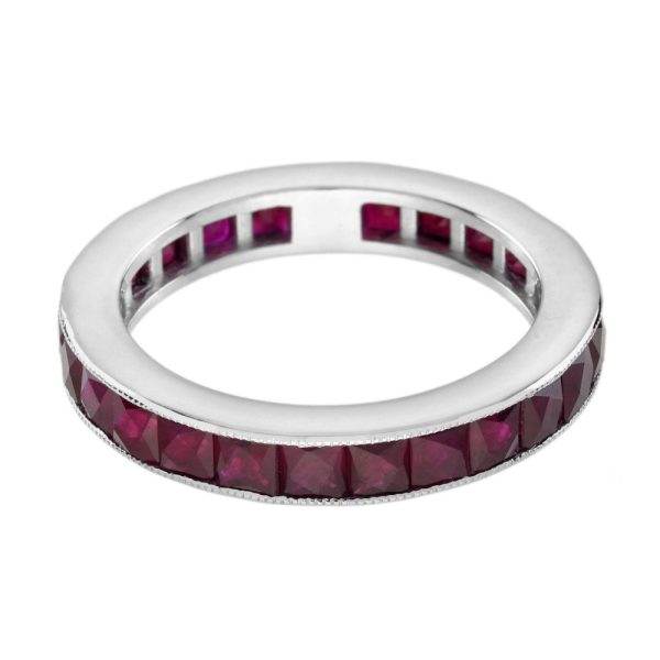 3.90ct French Cut Ruby Full Eternity Band Ring, 18ct white gold band set throughout with 26 rubies totalling 3.90 carats in open-back gallery setting with millegrain detailing