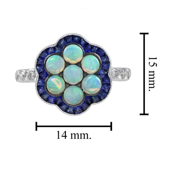 1ct Opal and Sapphire Cluster Engagement Ring with Diamond Shoulders, cabochon-cut opals surrounded by calibre French-cut blue sapphire border in 14ct white gold with diamond set shoulders