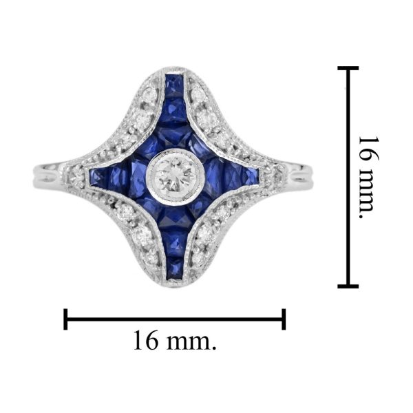 Diamond and Sapphire Navette Cluster Plaque Ring, central sparkling diamond surrounded by calibre French-cut blue sapphires within outer diamond border in 14ct white gold