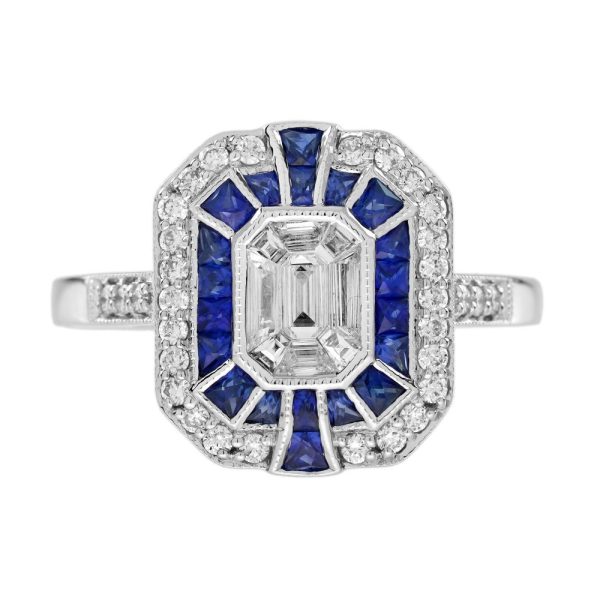 Diamond and Sapphire Cluster Engagement Ring in 18ct White Gold, centre composed of nine separate diamond illusion set into larger emerald-cut diamond design surrounded by sapphire halo and outer diamond border