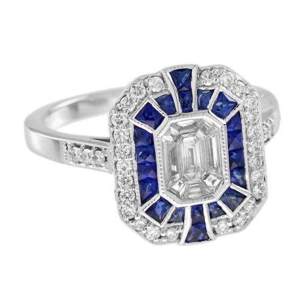 Diamond and Sapphire Cluster Engagement Ring in 18ct White Gold, centre composed of nine separate diamond illusion set into larger emerald-cut diamond design surrounded by sapphire halo and outer diamond border