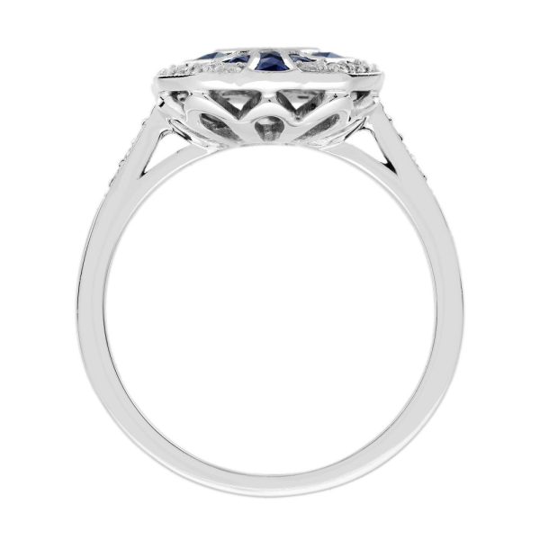 Diamond and Sapphire Cluster Engagement Ring in 18ct White Gold, centre composed of nine separate diamond illusion set into larger emerald-cut diamond design surrounded by sapphire halo and outer diamond border