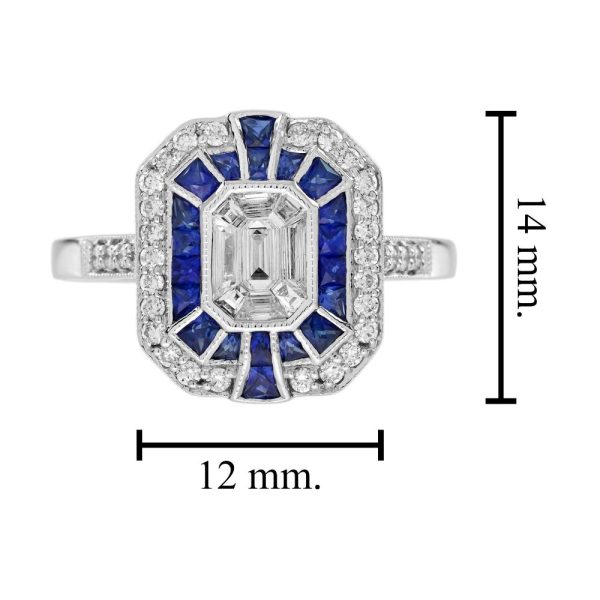 Diamond and Sapphire Cluster Engagement Ring in 18ct White Gold, centre composed of nine separate diamond illusion set into larger emerald-cut diamond design surrounded by sapphire halo and outer diamond border