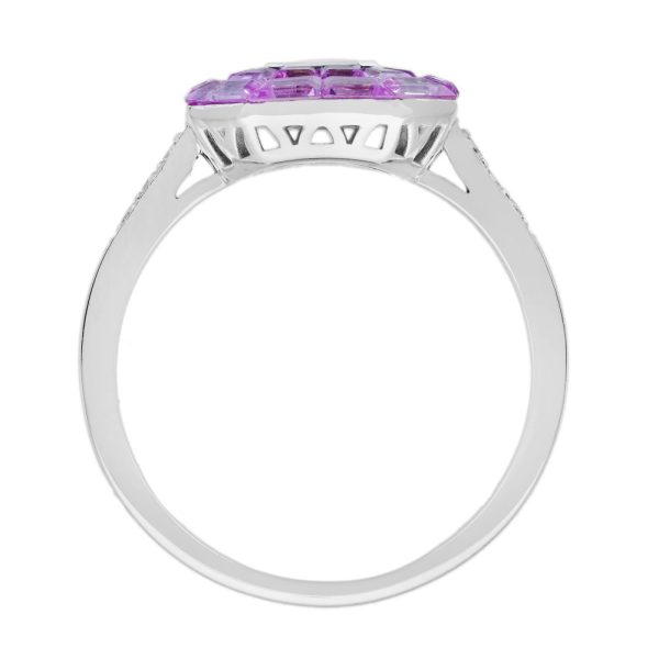 Asscher Cut Diamond and Pink Sapphire Engagement Ring, 0.30ct Asscher-cut diamond is surrounded by invisible set vibrant pink sapphires creating solid solitaire design in 18ct white gold with diamond-set shoulders