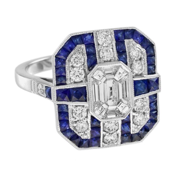 Contemporary Diamond and Sapphire Cluster Plaque Ring, Nine diamond illusion set diamonds form the emerald-shaped centre with diamond and geometric sapphire border in 18ct white gold