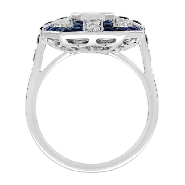 Contemporary Diamond and Sapphire Cluster Plaque Ring, Nine diamond illusion set diamonds form the emerald-shaped centre with diamond and geometric sapphire border in 18ct white gold