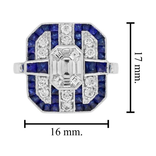 Contemporary Diamond and Sapphire Cluster Plaque Ring, Nine diamond illusion set diamonds form the emerald-shaped centre with diamond and geometric sapphire border in 18ct white gold