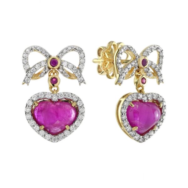 Edwardian Style 2ct Ruby Heart and Diamond Bow Drop Earrings, Heart shaped ruby drops with diamond borders suspended from diamond bows with ruby accents in yellow gold