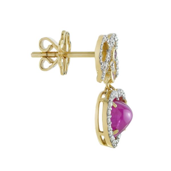 Edwardian Style 2ct Ruby Heart and Diamond Bow Drop Earrings, Heart shaped ruby drops with diamond borders suspended from diamond bows with ruby accents in yellow gold