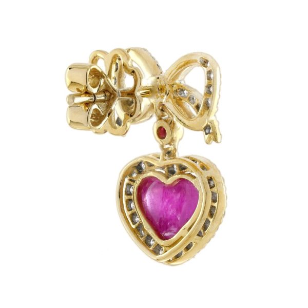 Edwardian Style 2ct Ruby Heart and Diamond Bow Drop Earrings, Heart shaped ruby drops with diamond borders suspended from diamond bows with ruby accents in yellow gold