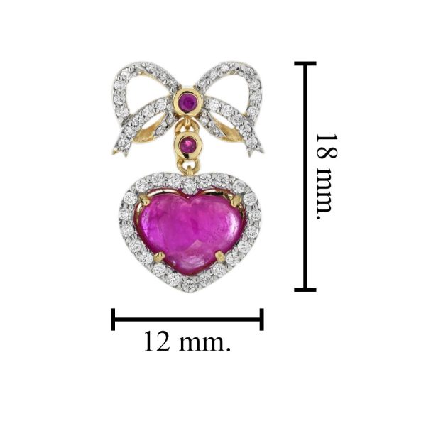 Edwardian Style 2ct Ruby Heart and Diamond Bow Drop Earrings, Heart shaped ruby drops with diamond borders suspended from diamond bows with ruby accents in yellow gold