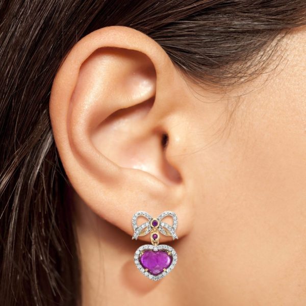 Edwardian Style 2ct Ruby Heart and Diamond Bow Drop Earrings, Heart shaped ruby drops with diamond borders suspended from diamond bows with ruby accents in yellow gold