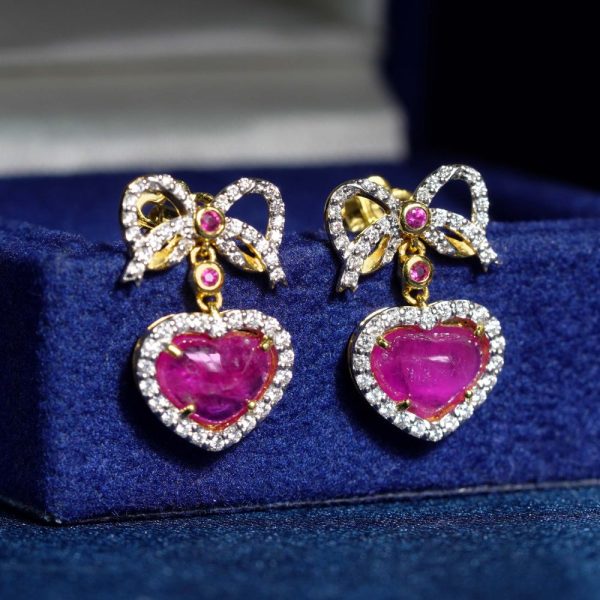Edwardian Style 2ct Ruby Heart and Diamond Bow Drop Earrings, Heart shaped ruby drops with diamond borders suspended from diamond bows with ruby accents in yellow gold