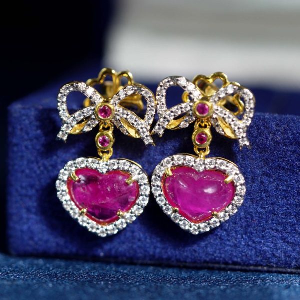 Edwardian Style 2ct Ruby Heart and Diamond Bow Drop Earrings, Heart shaped ruby drops with diamond borders suspended from diamond bows with ruby accents in yellow gold