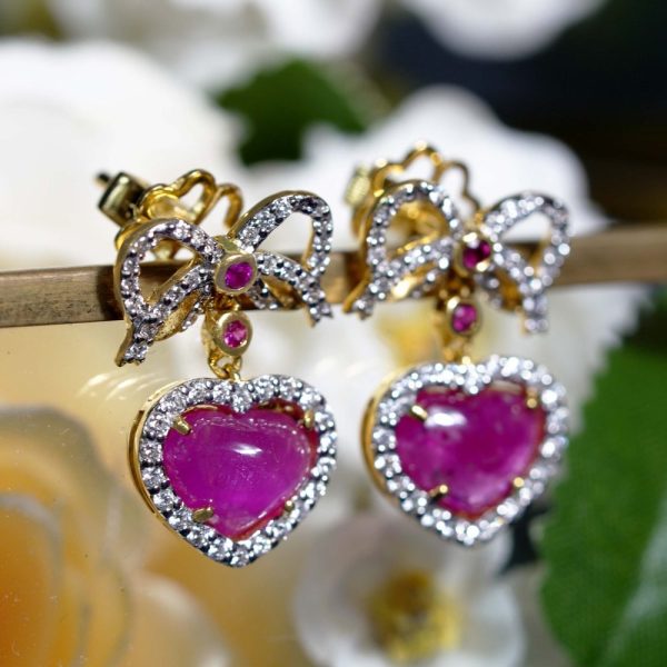 Edwardian Style 2ct Ruby Heart and Diamond Bow Drop Earrings, Heart shaped ruby drops with diamond borders suspended from diamond bows with ruby accents in yellow gold
