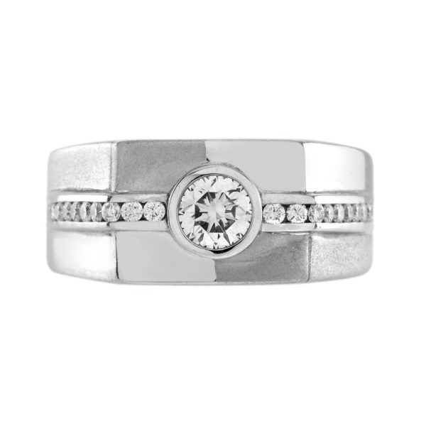 Diamond Set Gents Platinum Wedding Band Ring, angular design platinum band with 0.47ct G VS round brilliant-cut diamond within diamond studded row shoulders