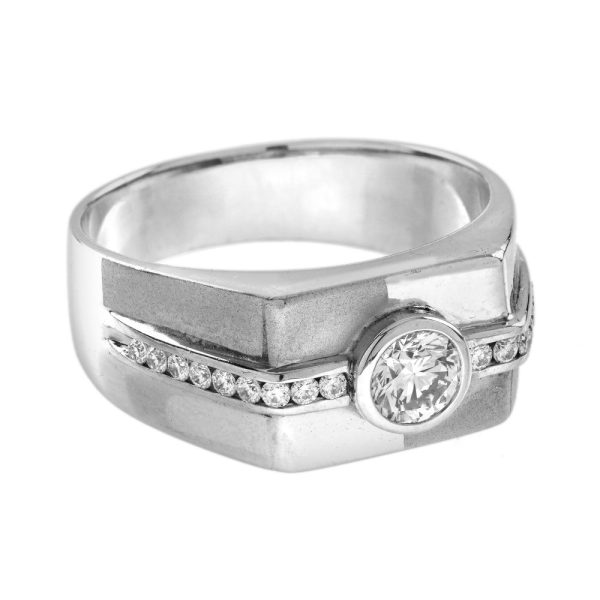 Diamond Set Gents Platinum Wedding Band Ring, angular design platinum band with 0.47ct G VS round brilliant-cut diamond within diamond studded row shoulders