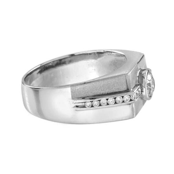 Diamond Set Gents Platinum Wedding Band Ring, angular design platinum band with 0.47ct G VS round brilliant-cut diamond within diamond studded row shoulders