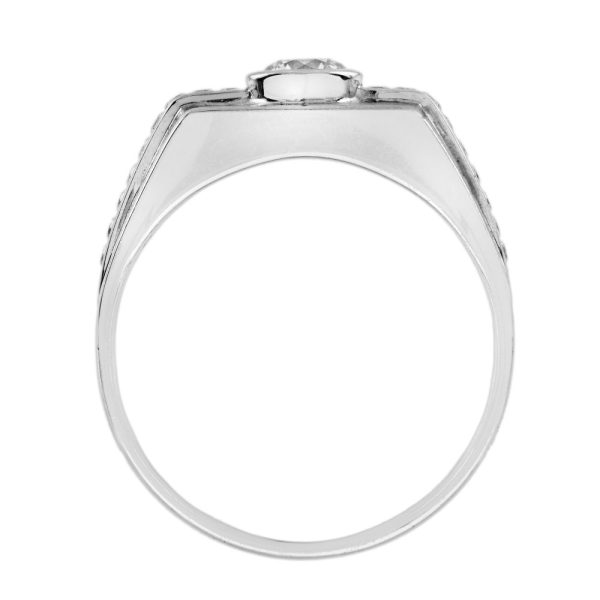 Diamond Set Gents Platinum Wedding Band Ring, angular design platinum band with 0.47ct G VS round brilliant-cut diamond within diamond studded row shoulders