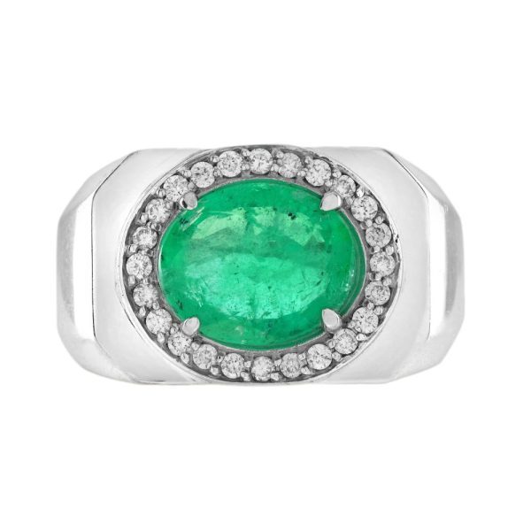 2.87ct Emerald and Diamond Cluster White Gold Signet Ring, substantial gentleman's/unisex chunky 18ct white gold ring with central oval emerald and diamond cluster