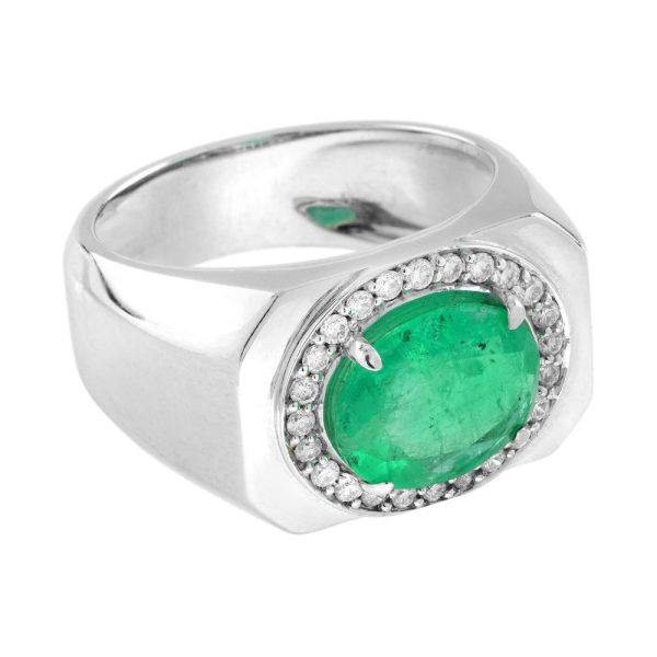 2.87ct Emerald and Diamond Cluster White Gold Signet Ring, substantial gentleman's/unisex chunky 18ct white gold ring with central oval emerald and diamond cluster